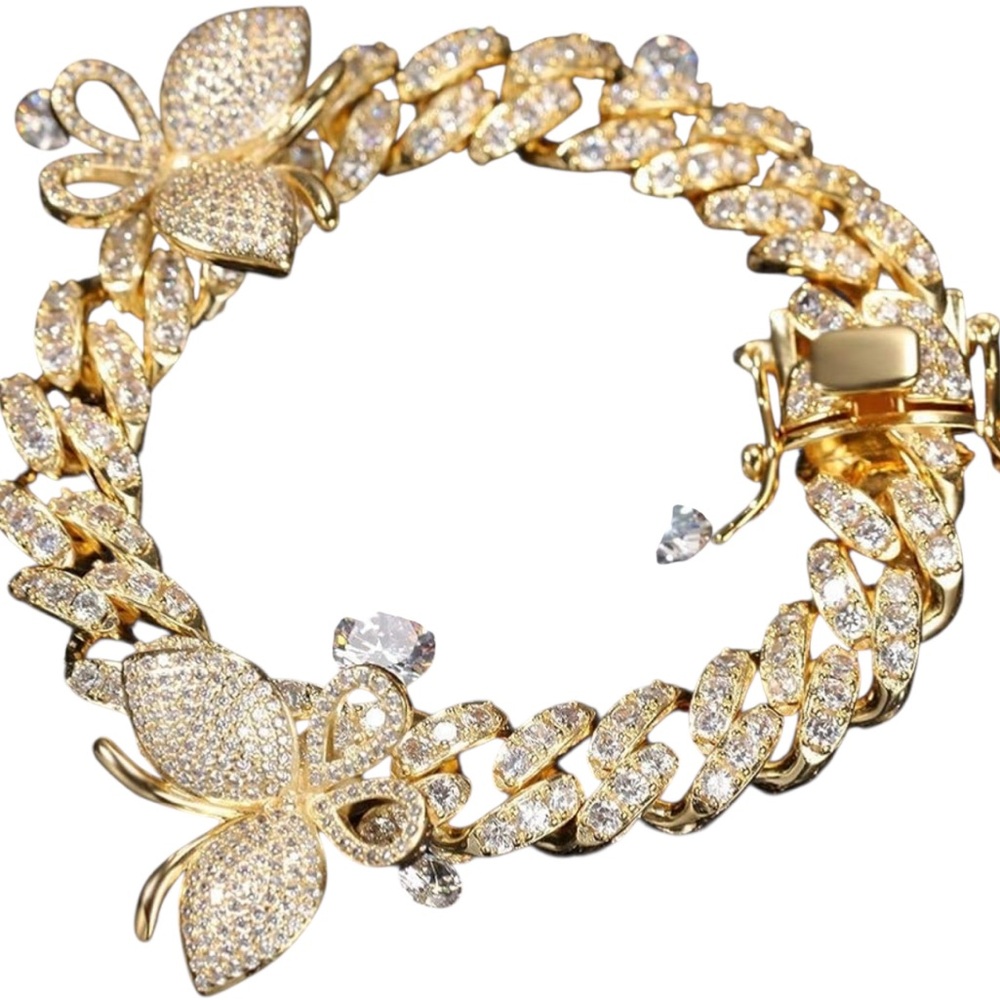 FASHION JEWELRY STAINLESS STEEL BUTTERFLY BRACELET RHINESTONE GOLD CUBAN CHAIN